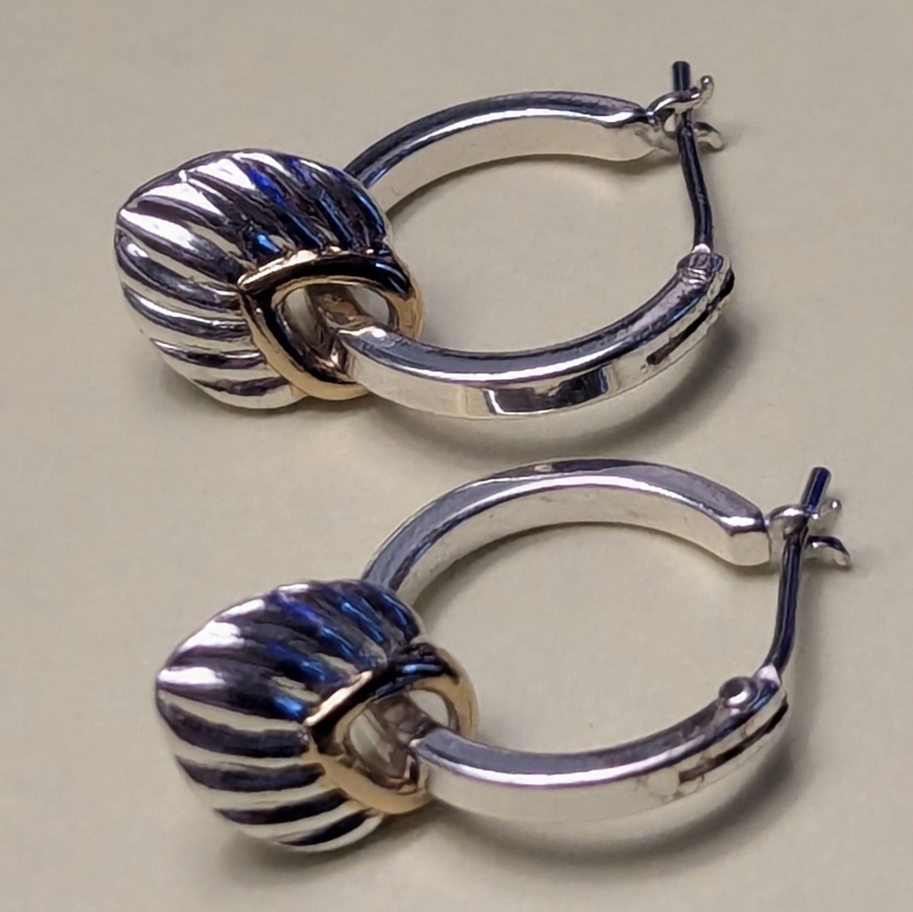 Earrings with dangle shell shaped gold tone edging drop silver tone unsig…